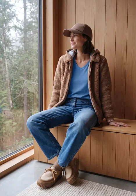 Frau in Jeans, blauem Shirt, Teddyjacke und Hut sitzt lächelnd auf einer Fensterbank in Holzzimmer.