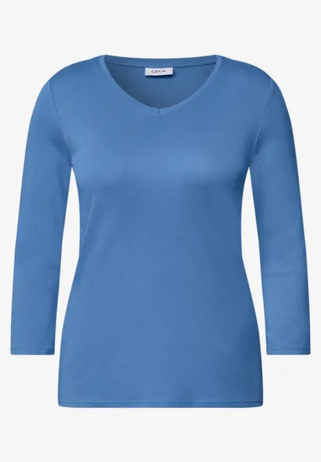 Blaues Damenshirt mit 3/4-Ärmeln und V-Ausschnitt.