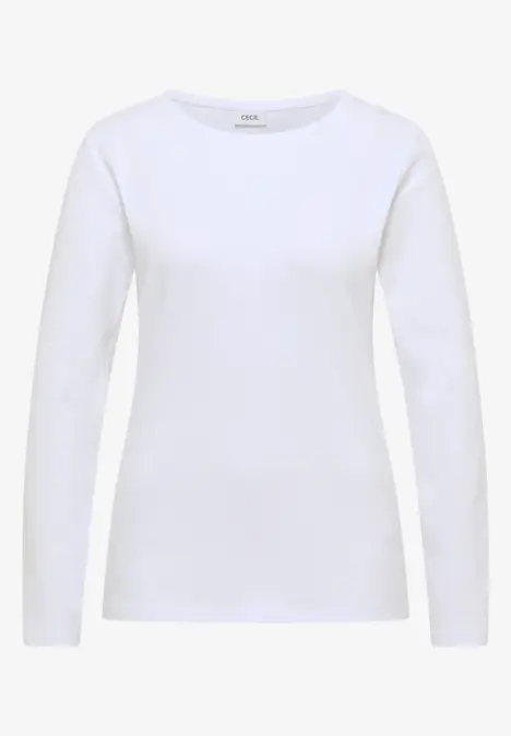 Weißes, schlichtes Langarmshirt vor weißem Hintergrund