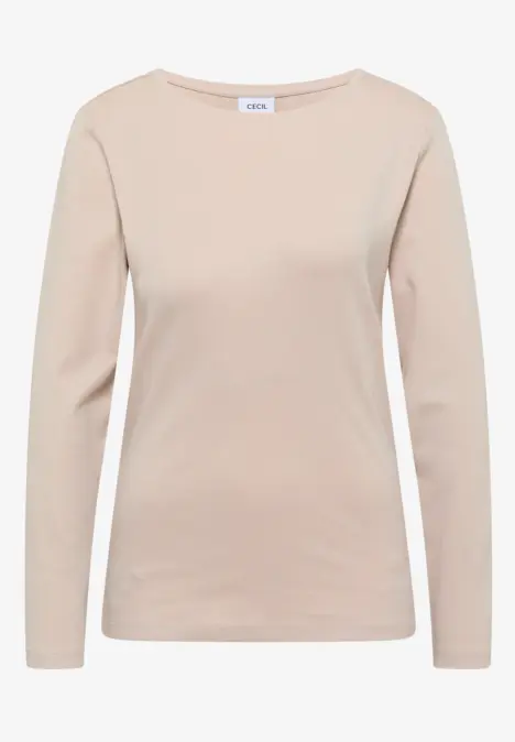 Beiges, schlichtes Langarmshirt aus weichem Stoff mit Rundhalsausschnitt.