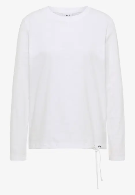 Schlichtes weißes Langarmshirt mit Rundhalsausschnitt und seitlicher Kordel.