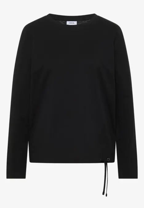 Schwarzes Langarmshirt mit rundem Ausschnitt und seitlicher Kordel am Saum.