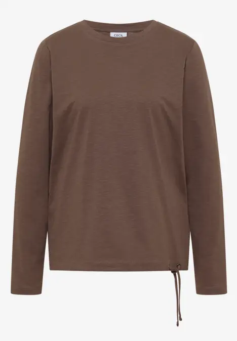Braunes Langarmshirt mit Rundhalsausschnitt und seitlicher Schnürung.
