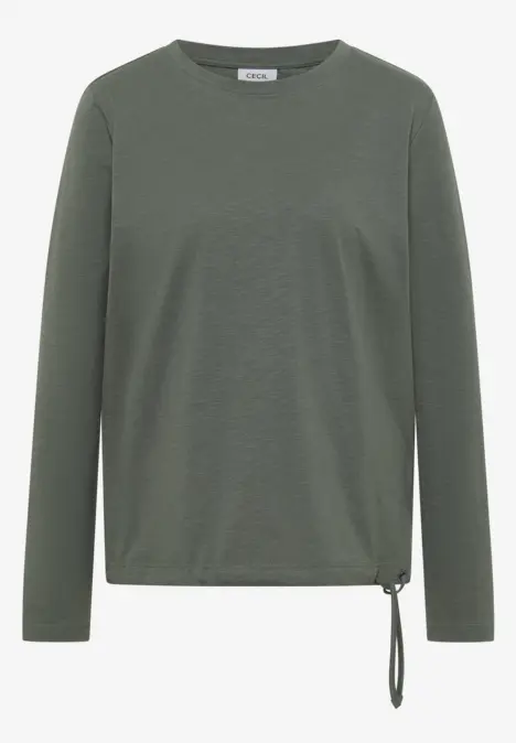 Dunkelgrünes, langärmeliges Shirt mit Rundhals und Kordelzug am Saum.
