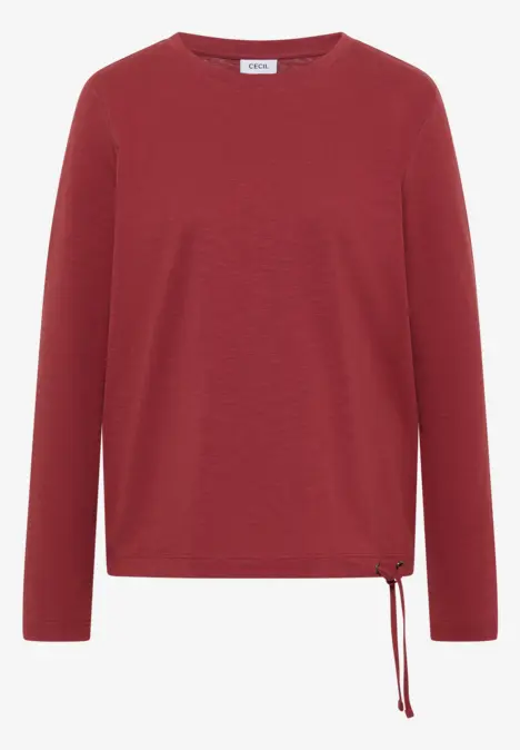 Dunkelroter, langärmliger Damenpullover mit Rundhalsausschnitt und seitlicher Kordel am Saum.