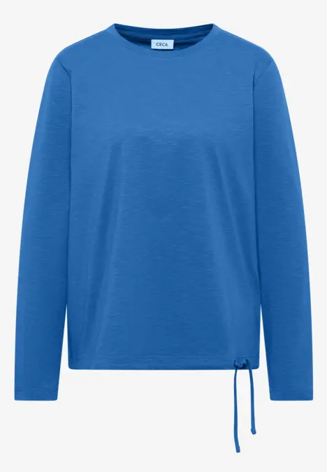 Blaues, langärmeliges Damen-Shirt mit Rundhalsausschnitt und seitlichem Kordelzug am Saum.