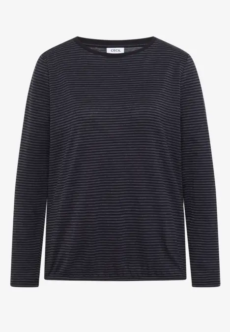 Schwarzes Langarmshirt mit feinen grauen Querstreifen, schlicht und zeitlos.