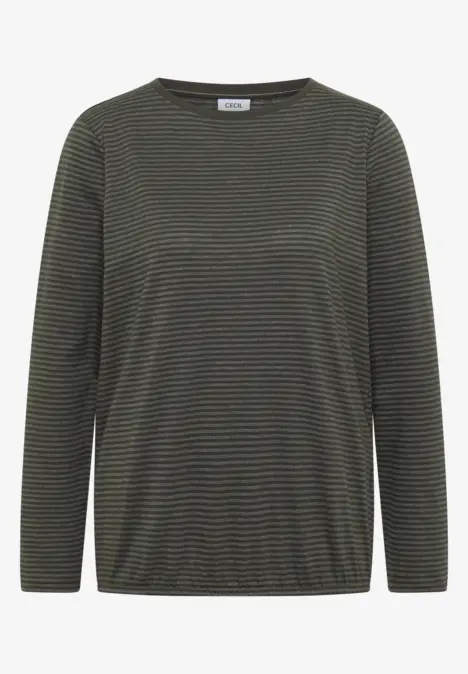 Dunkelgrünes, fein gestreiftes Langarmshirt mit Rundhalsausschnitt