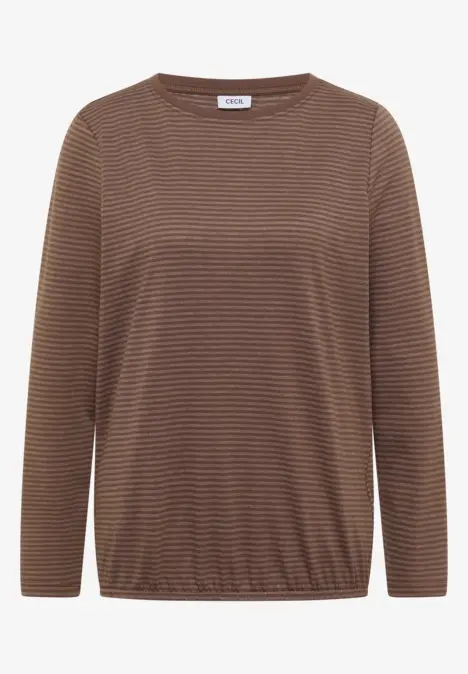 Braun-beiges Langarmshirt mit feinen Streifen und Rundhalsausschnitt