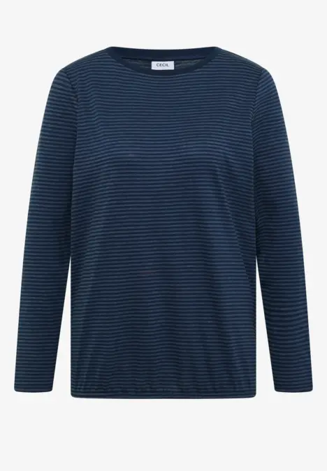Navyblaues Langarmshirt mit feinen dunklen Streifen.