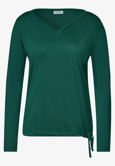 Dunkelgrünes Damen-Shirt mit V-Ausschnitt, langen Ärmeln und seitlicher Schnürung.
