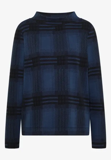 Blauer Pullover mit dunklem Karomuster und Rundhalsausschnitt