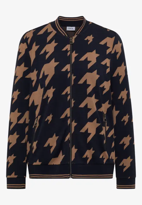 Schwarze Bomberjacke mit braunem Hahnentrittmuster, durchgehendem Reißverschluss und elastischen Bündchen.