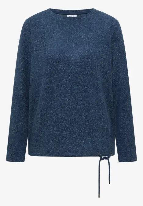 Blauer Pullover mit langen Ärmeln und seitlicher Schnürung am Saum