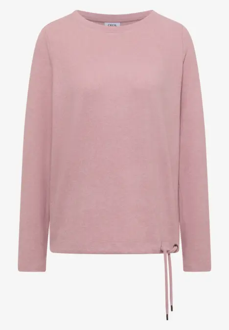 Rosa Langarm-Pullover mit Rundhalsausschnitt und seitlicher Kordel an der Taille.
