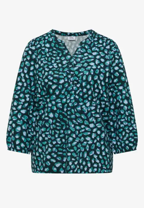Bluse in Dunkelgrün mit türkisfarbenem, floralen Muster, lockerem Schnitt, V-Ausschnitt und 3/4-Ärmeln.