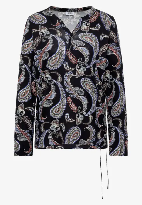 Schwarze, langärmlige Bluse mit buntem Paisley-Muster und Taillenschnürung.