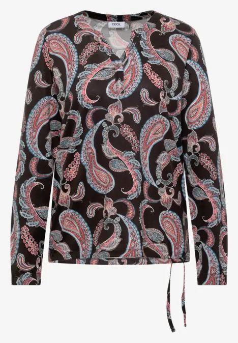 Dunkle Langarmbluse mit buntem Paisley-Muster, V-Ausschnitt mit kurzer Knopfleiste und Taillenschnürung