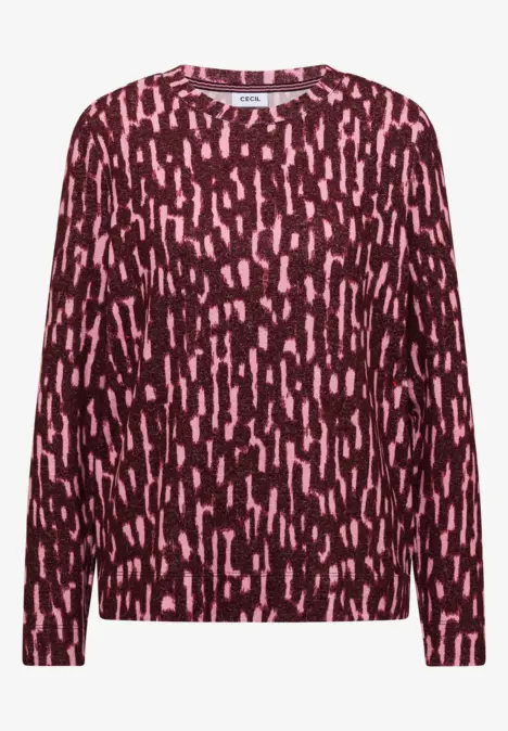 Damenpullover mit rundem Ausschnitt, langärmelig, dunkelrot-rosa abstraktes Fleckenmuster.