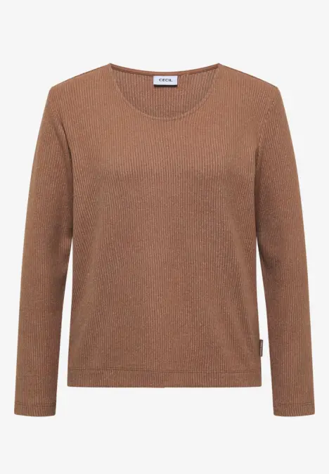 Pull marron à manches longues avec encolure ronde et tricot délicatement scintillant.