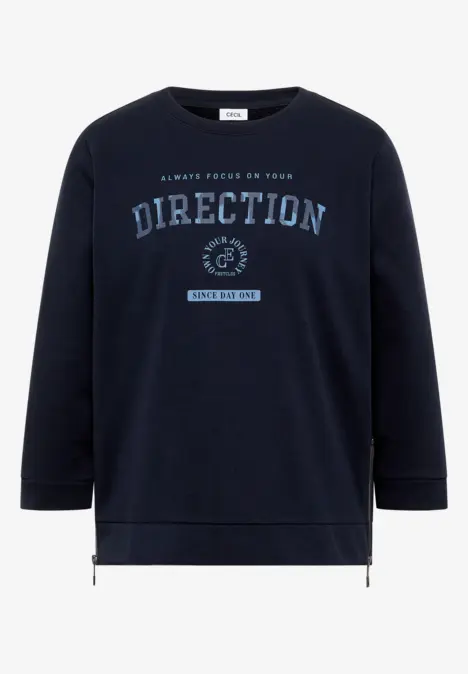 Dunkelblauer Langarm-Sweatshirt mit hellblauem 'DIRECTION'-Schriftzug und seitlichen Reißverschlüssen.