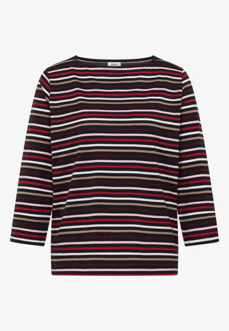 Schwarzes Shirt mit 3/4-Ärmeln und bunten horizontalen Streifen in Rot, Weiß und Grün.