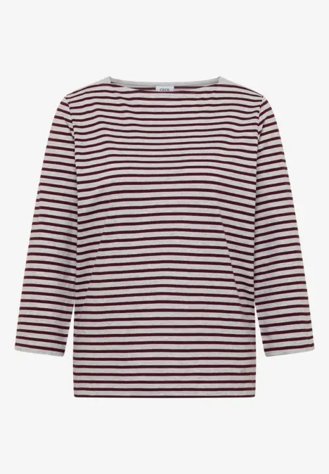 Langärmliges Damen-Shirt mit weißen, navyblauen und burgunderfarbenen Streifen.