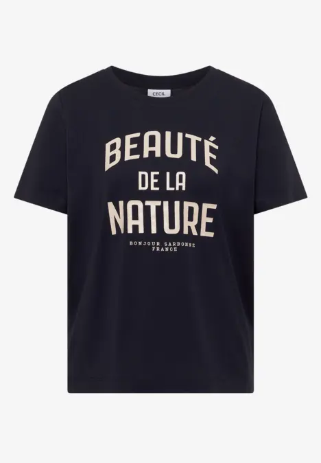 Schwarzes T-Shirt mit cremefarbenem Print 'Beauté de la Nature'