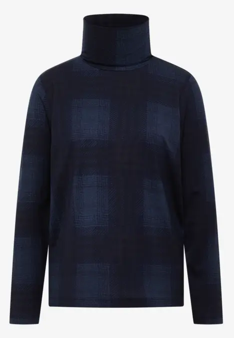 Dunkelblauer Rollkragenpullover mit dezentem karierten Muster.