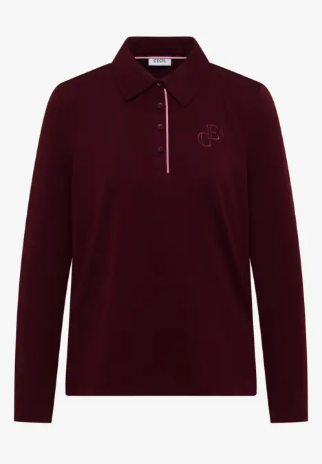 Polo à manches longues bordeaux avec col, patte de boutonnage et petit logo discret sur la poitrine.