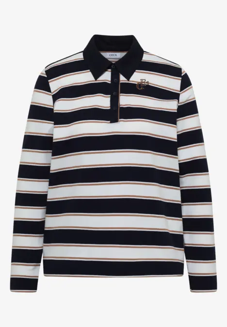 Langarm-Polo mit breiten Schwarz-Weiß-Gold-Streifen und kleinem Brustlogo.