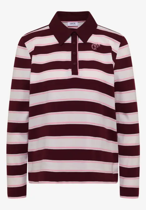 Langärmeliges Poloshirt mit breiten, horizontalen Bordeaux- und Weißstreifen.