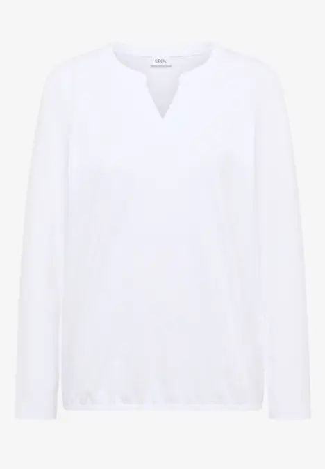 Weißes, schlichtes Langarmshirt mit V-Ausschnitt.