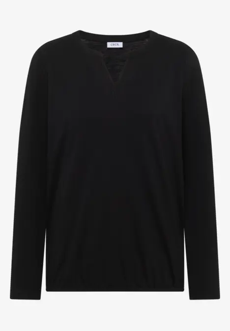 Schwarzer, langärmliger Pullover mit V-Ausschnitt und schlichter Optik.