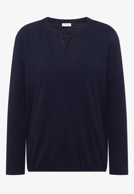 Schlichtes dunkelblaues Langarmshirt mit V-Ausschnitt und elastischem Saum.