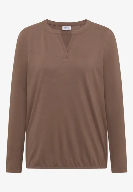 Braunes Langarmshirt mit V-Ausschnitt und elastischem Saum
