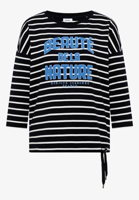 Gestreiftes 3/4-Arm-Shirt mit seitlicher Kordel und Aufdruck "Beauté de la Nature"