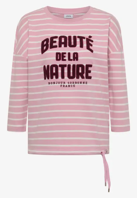 Rosa-weiß gestreiftes Langarmshirt mit seitlicher Schleife und französischer Aufschrift