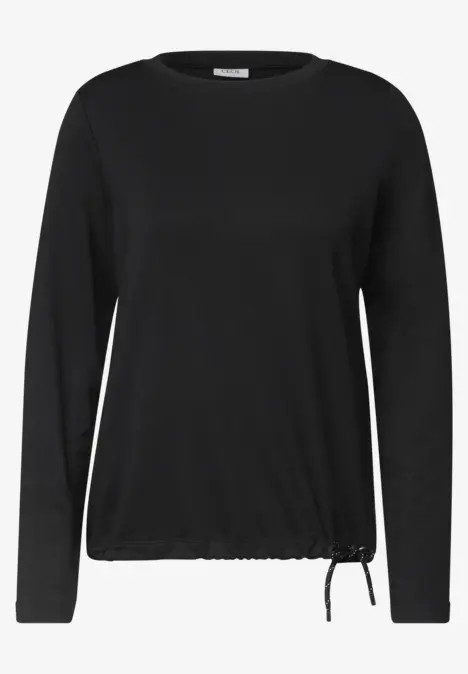 Schwarzes Langarmshirt mit Rundhals und Kordelzug am Saum.