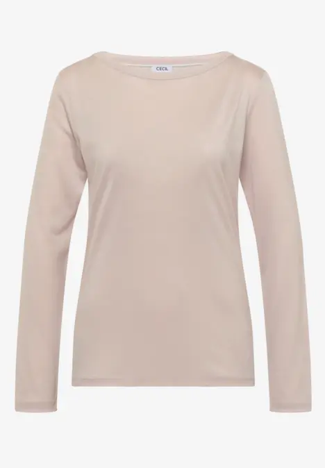 Beige Damen-Langarmshirt mit Rundhalsausschnitt und schlichtem Design.