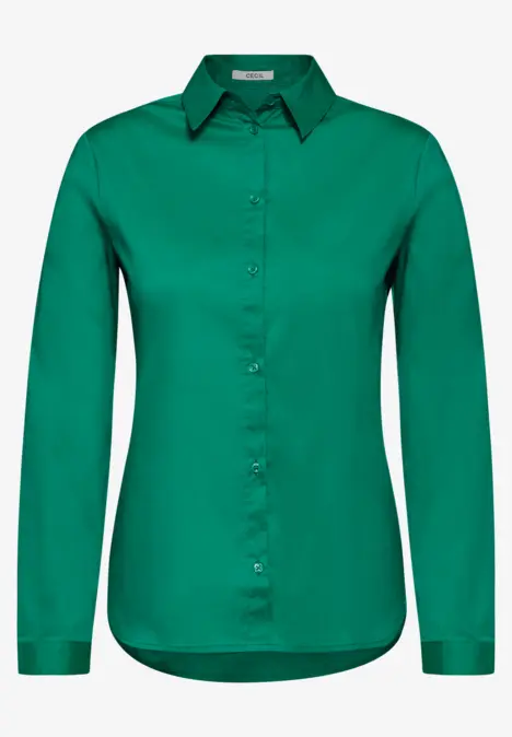 Grüne Damenbluse mit langen Ärmeln und Knopfleiste.