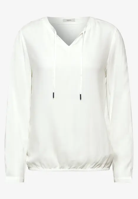 Weiße, langärmelige Bluse mit V-Ausschnitt und Kordel.