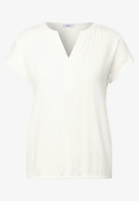 Weißes, kurzärmeliges Damenblusenshirt mit V-Ausschnitt.