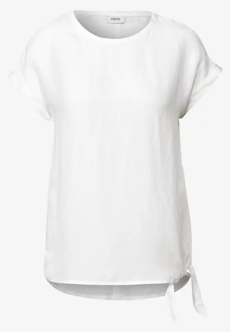 Weißes T-Shirt mit rundem Ausschnitt und Knoten-Detail am Saum.