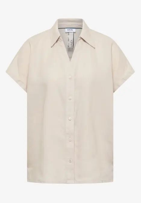 Beige overhemdblouse met korte mouwen, kraag en knoopsluiting.