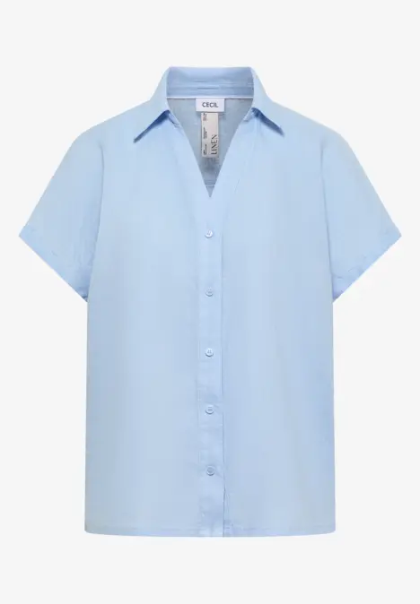 Lichtblauw kort damesblouse met knoopsluiting en kraag, eenvoudig en casual.