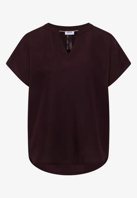 Damesblouse in donkere bessenkleur, korte mouwen, V-hals en losse pasvorm.