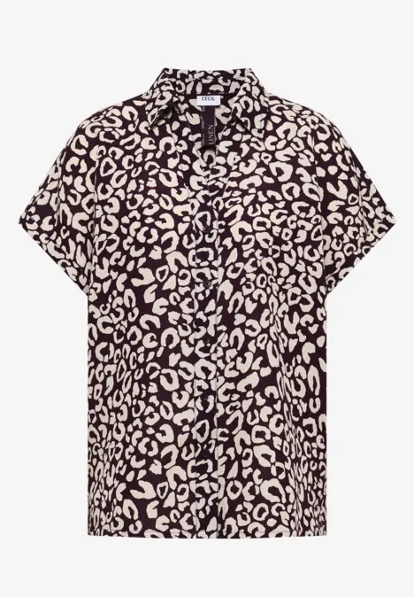 Zwart kort mouw blousje met beige luipaardprint en strikkraag