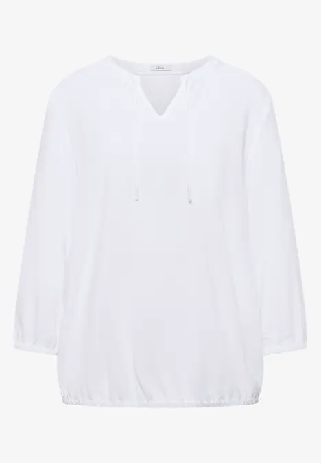 Weiße, locker sitzende Bluse mit 3/4-Ärmeln, V-Ausschnitt und Kordelzug.