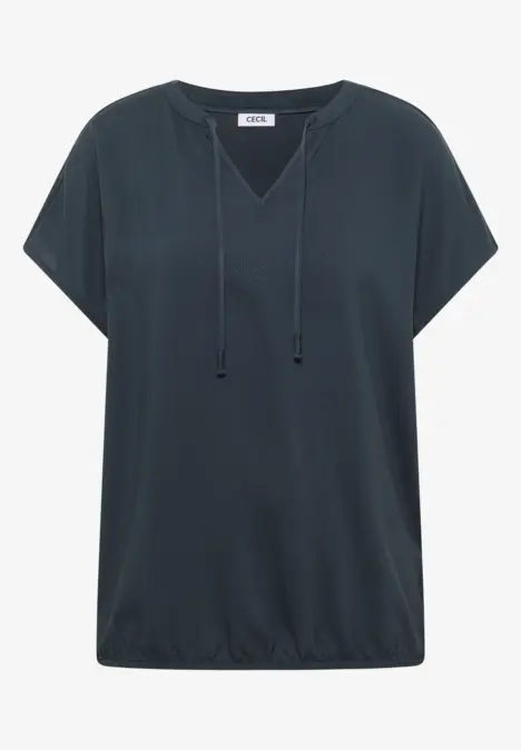 Dunkelbluse mit V-Ausschnitt, kurzen Ärmeln, Tunnelzug und elastischem Saum.